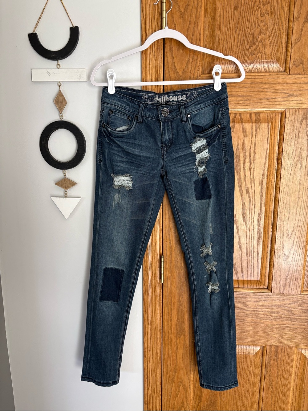 Dollhouse Dark Blue Distressed Skinny Jeans with Patchwork